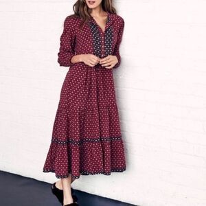 Xirena Cotton Burgundy Block Print Midi Dress with Pockets Small